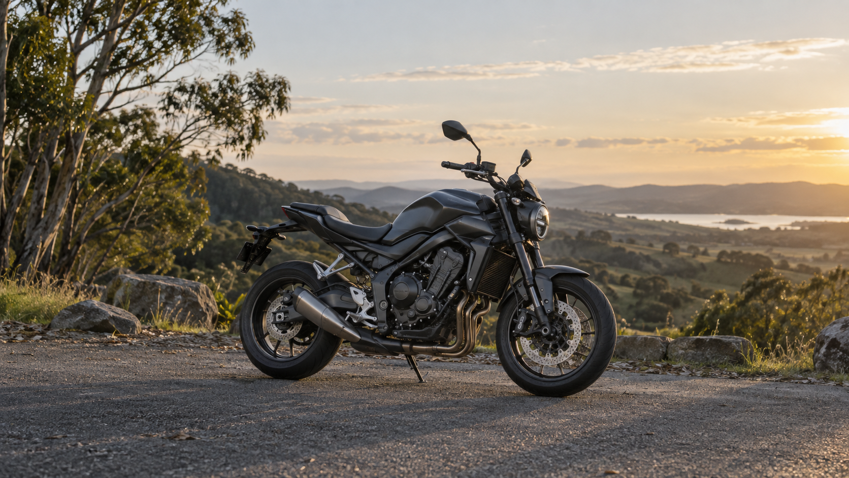 AI illustration: road motorcycle in an Australian landscape