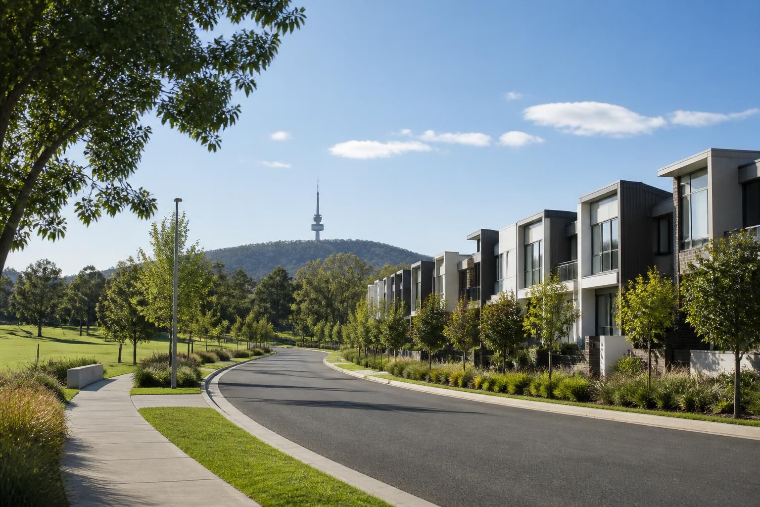 Welcoming Canberra streetscape with modern homes and open space.