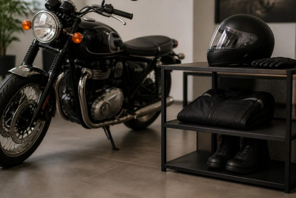 Neatly arranged motorcycle buying setup beside a polished bike.