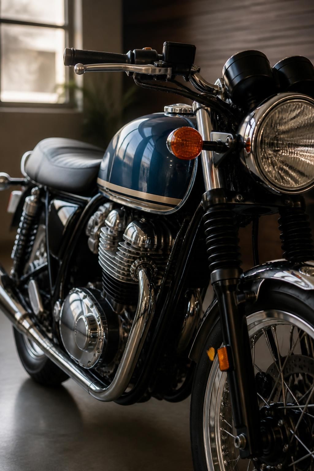 Well-kept motorcycle being inspected in a clean indoor setting.