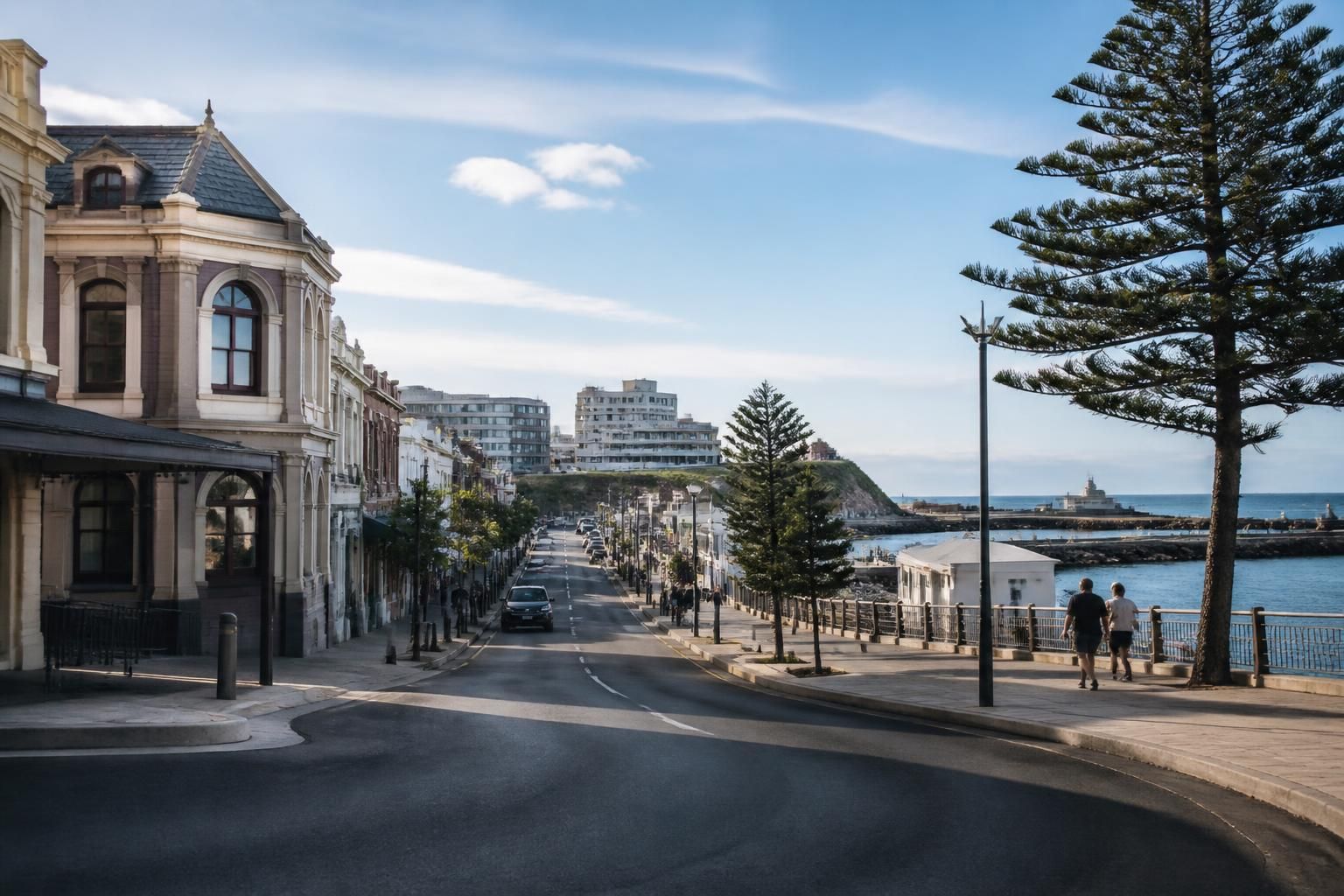 Welcoming Newcastle street with subtle coastal city atmosphere.