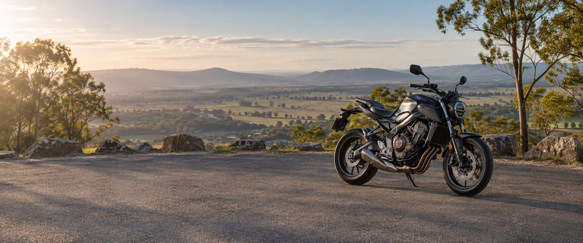 AI illustration: motorcycle overlooking the Toowoomba countryside
