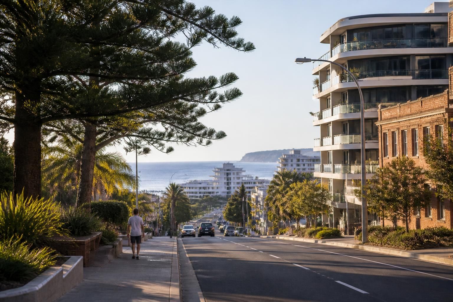 Welcoming Wollongong street with distant coastal atmosphere.
